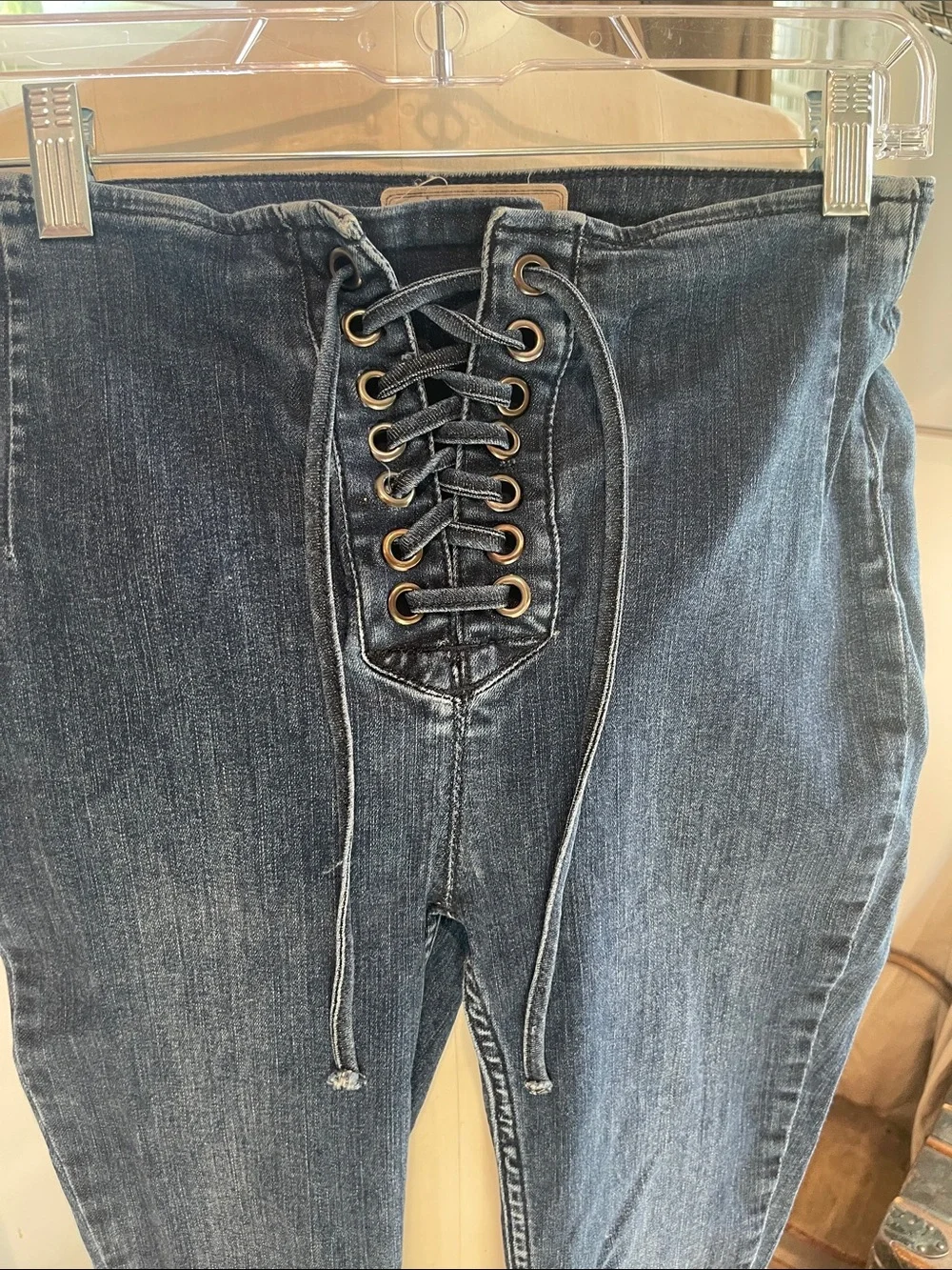 Adorable Free People High-Rise Lace-Up Dark Blue Women's Jeans